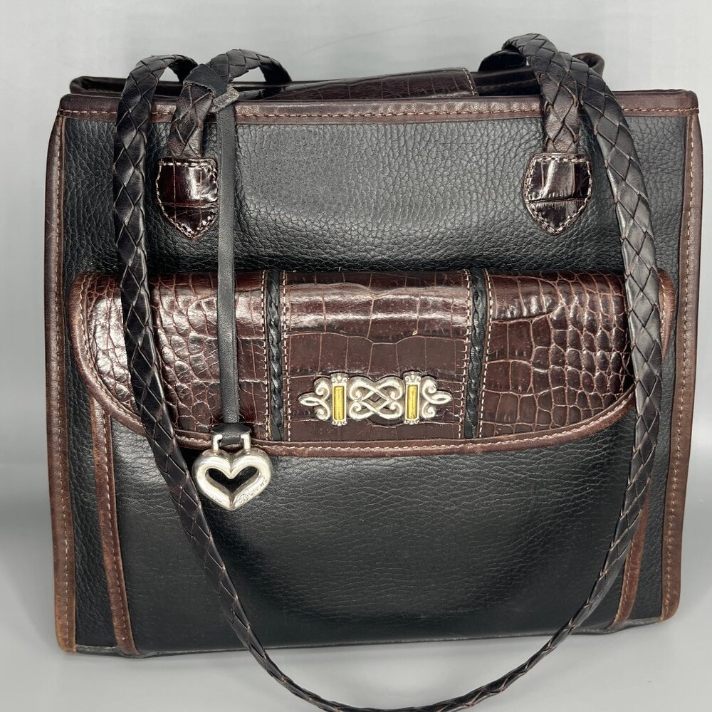 BRIGTON A130143 BLACK LEATHER EMBOSSED BROWN CROC 3 COMPARTMENT WITH SILVER TONE